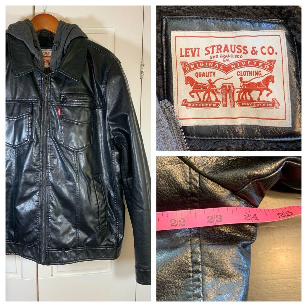 LEVI'S Lined Faux Leather Jacket Men's Large Biker Black Gray Sweatshirt Hood